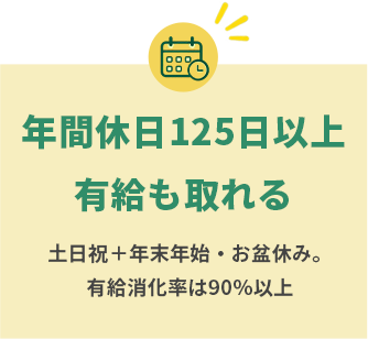年間休日125日以上、有給も取れる。土日祝・年末年始・お盆休み。有給休暇は年間8〜12日ほど消化。